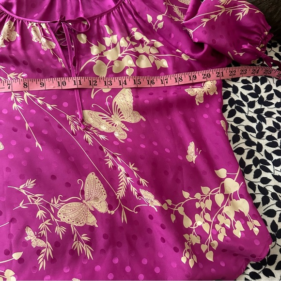 Yumi Kim Pink 100% Silk Butterfly Floral Polka Dot Prints Tie Cuff/Neck Blouse S - Picture 13 of 14